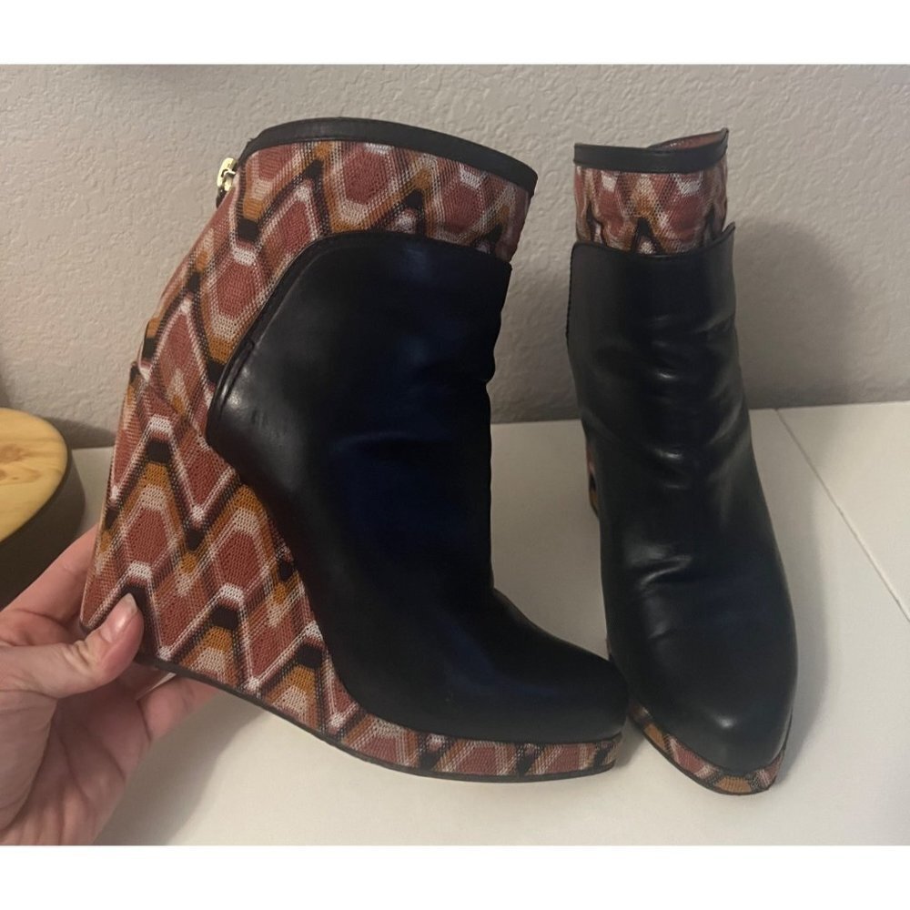 Missoni | Gorgeous Black Leather w/ Fabric Chevrons‎ Wedges Sz 36.5/6.5